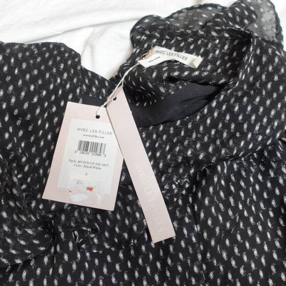 NWT Avec Les Filles Black White Polka Dot Ruffle Mini Dress Women's size 6 - Picture 6 of 11